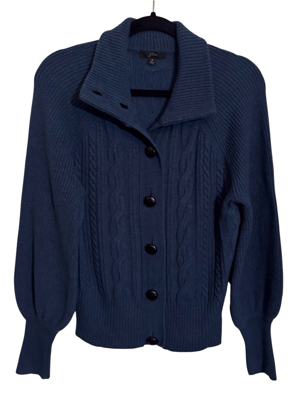J. Crew Womens Small Blue Balloon Sleeve Cardigan Sweater Wool Blend Collared